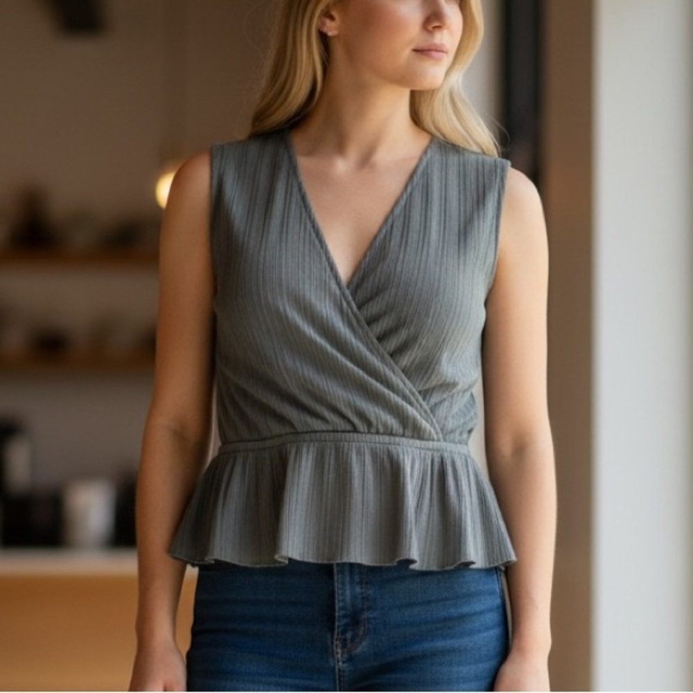 Nation LTD Sleeveless Wrap Peplum Top in Gray Feminine Day to Evening Top